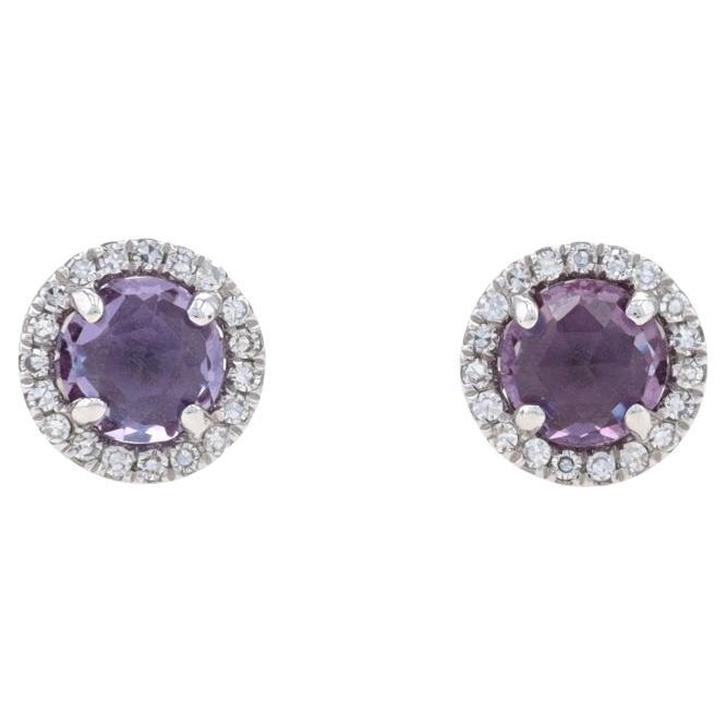 White Gold Lab-Created Alexandrite Dia Halo Stud Earrings 14k Round Rose .92ctw For Sale