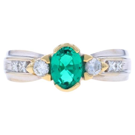 White Gold Lab-Created Emerald & Diamond Ring - 14k Oval 1.17ctw For Sale