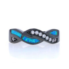 Anneau torsadé en or blanc avec opale et CZ - Bague 10k incrustée en rhodium noir Sz 8