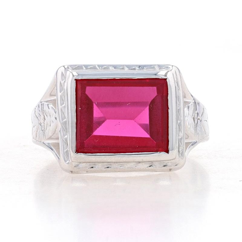 White Gold Lab-Created Ruby Art Deco Men's Ring 14k Rect Step Vintage Solitaire