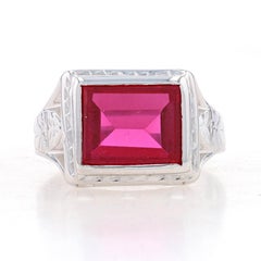 White Gold Lab-Created Ruby Art Deco Men's Ring 14k Rect Step Vintage Solitaire