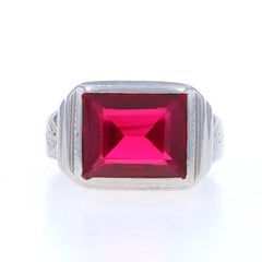 White Gold Lab-Created Ruby Art Deco Men's Ring - 14k Rectangular Cut Vintage
