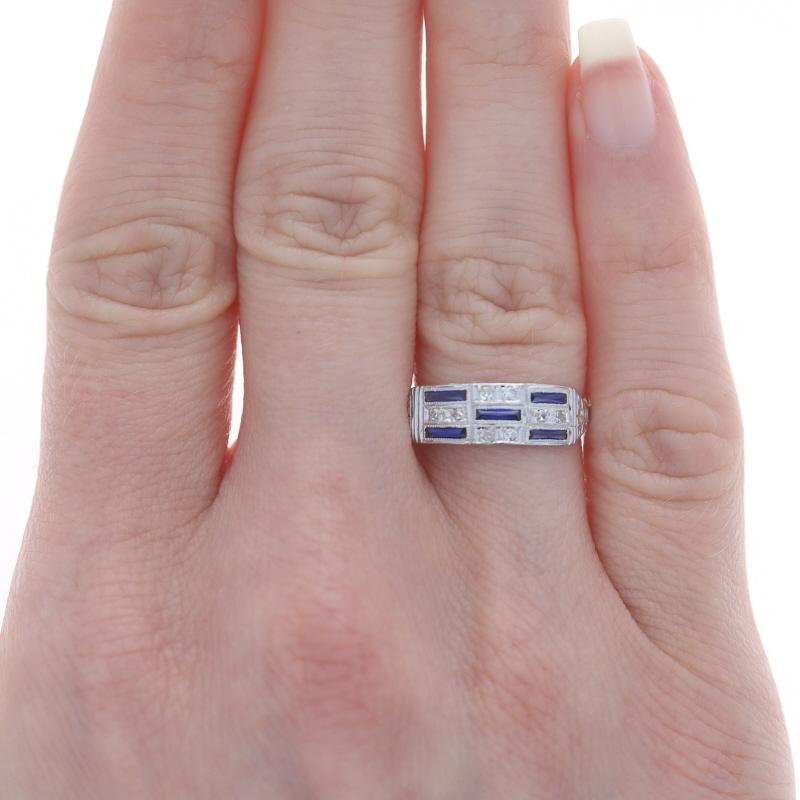 Single Cut White Gold Lab Created Sapphire & Diamond Art Deco Band18k Vintage Ring Sz 6 3/4 For Sale