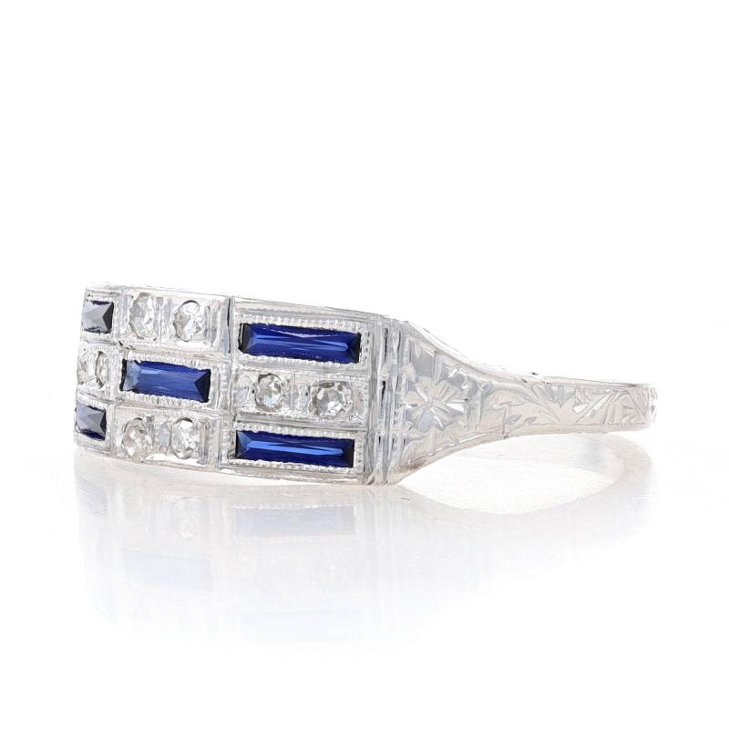 White Gold Lab Created Sapphire & Diamond Art Deco Band18k Vintage Ring Sz 6 3/4 In Excellent Condition For Sale In Greensboro, NC