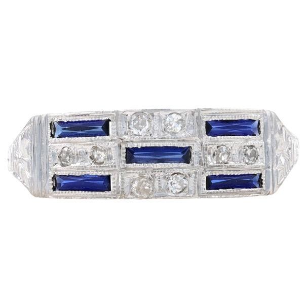 White Gold Lab Created Sapphire & Diamond Art Deco Band18k Vintage Ring Sz 6 3/4 For Sale