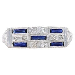 White Gold Lab Created Sapphire & Diamond Art Deco Band18k Vintage Ring Sz 6 3/4