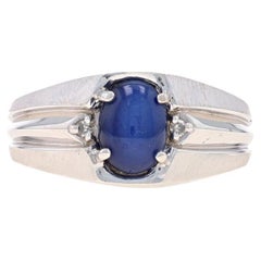 White Gold Lab-Created Star Sapphire & Diamond Men's Ring - 10k Oval Cab 1.63ctw
