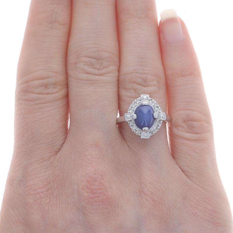 Oval Cut White Gold Lab-Created Star Sapphire Diamond Vintage Ring - 14k Oval Cab 1.82ctw For Sale