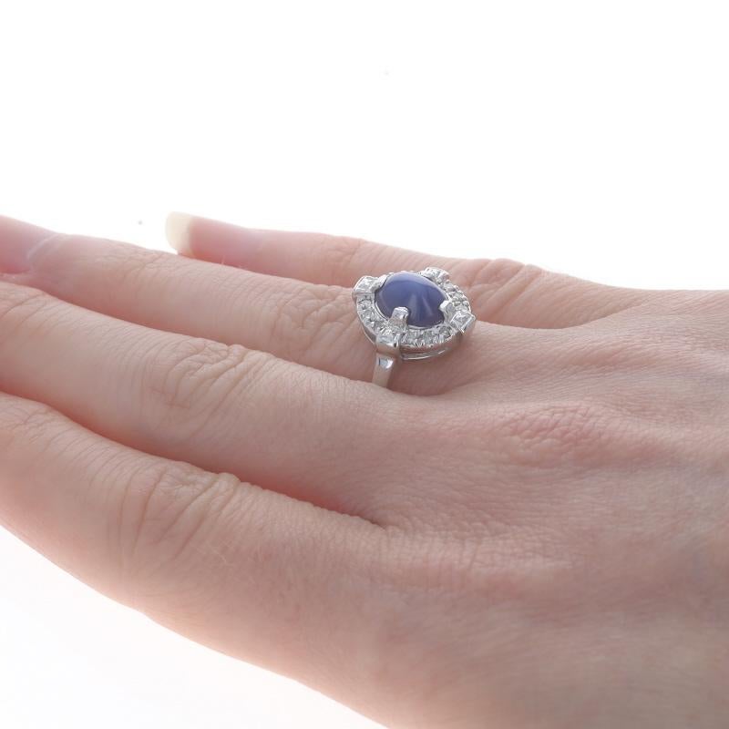Women's White Gold Lab-Created Star Sapphire Diamond Vintage Ring - 14k Oval Cab 1.82ctw For Sale