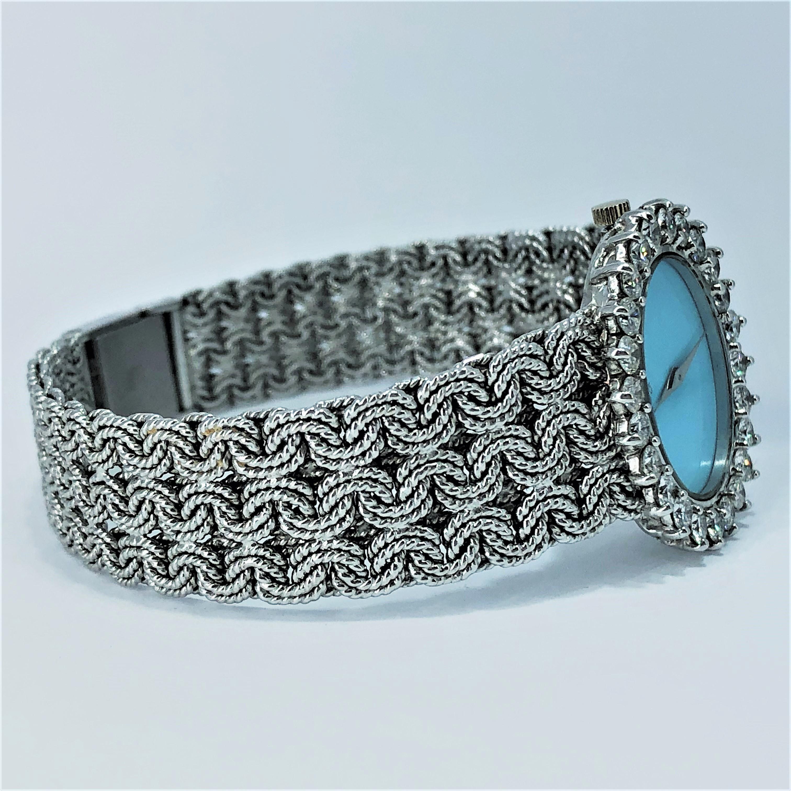 Women's White Gold Ladies Bueche Girod Watch with Turquoise Dial and Large Diamond Bezel