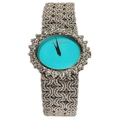 Vintage White Gold Ladies Bueche Girod Watch with Turquoise Dial and Large Diamond Bezel