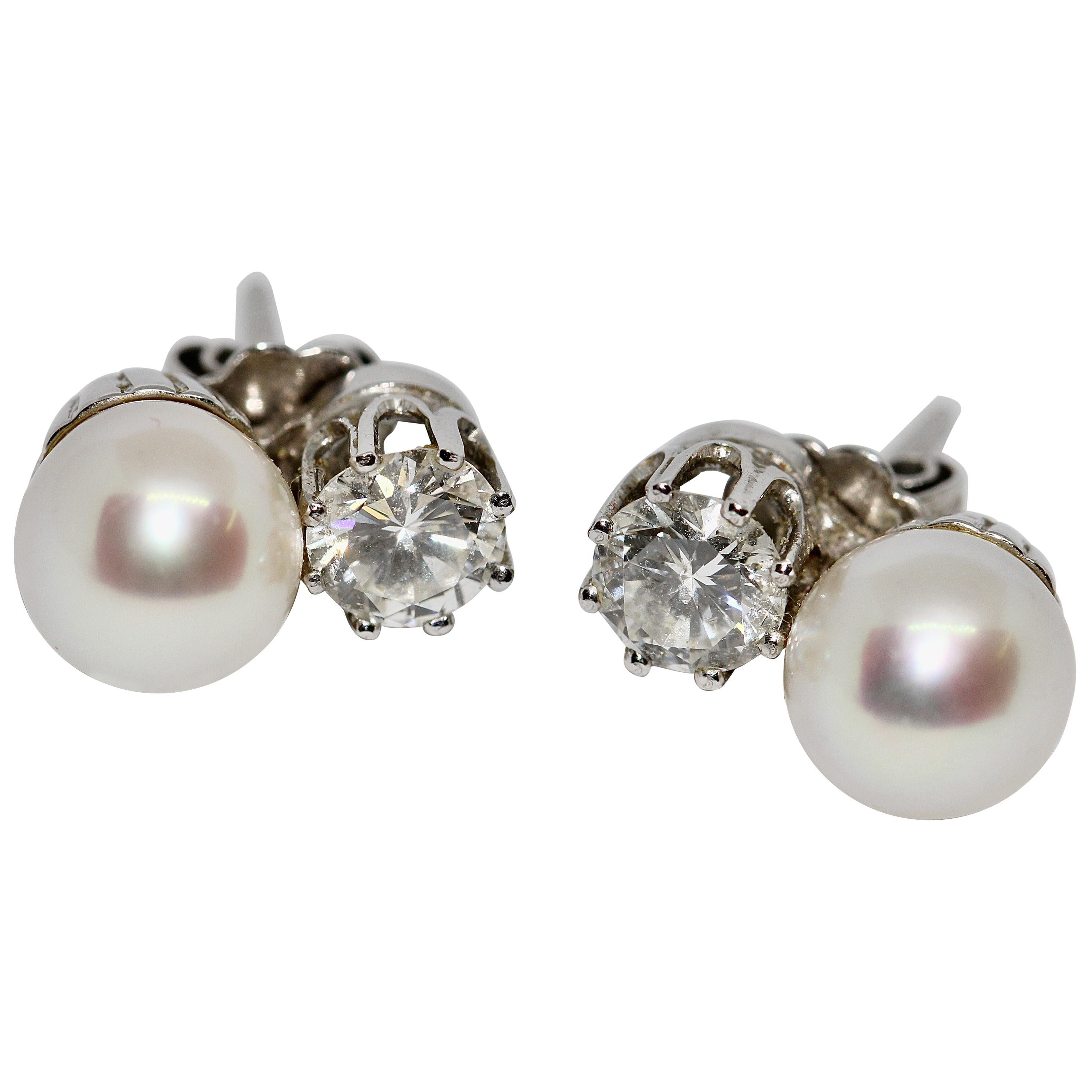 White Gold, Ladies Diamond Stud Earrings with Pearls For Sale