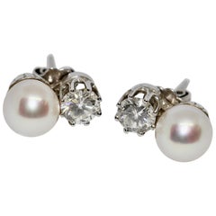 Vintage White Gold, Ladies Diamond Stud Earrings with Pearls