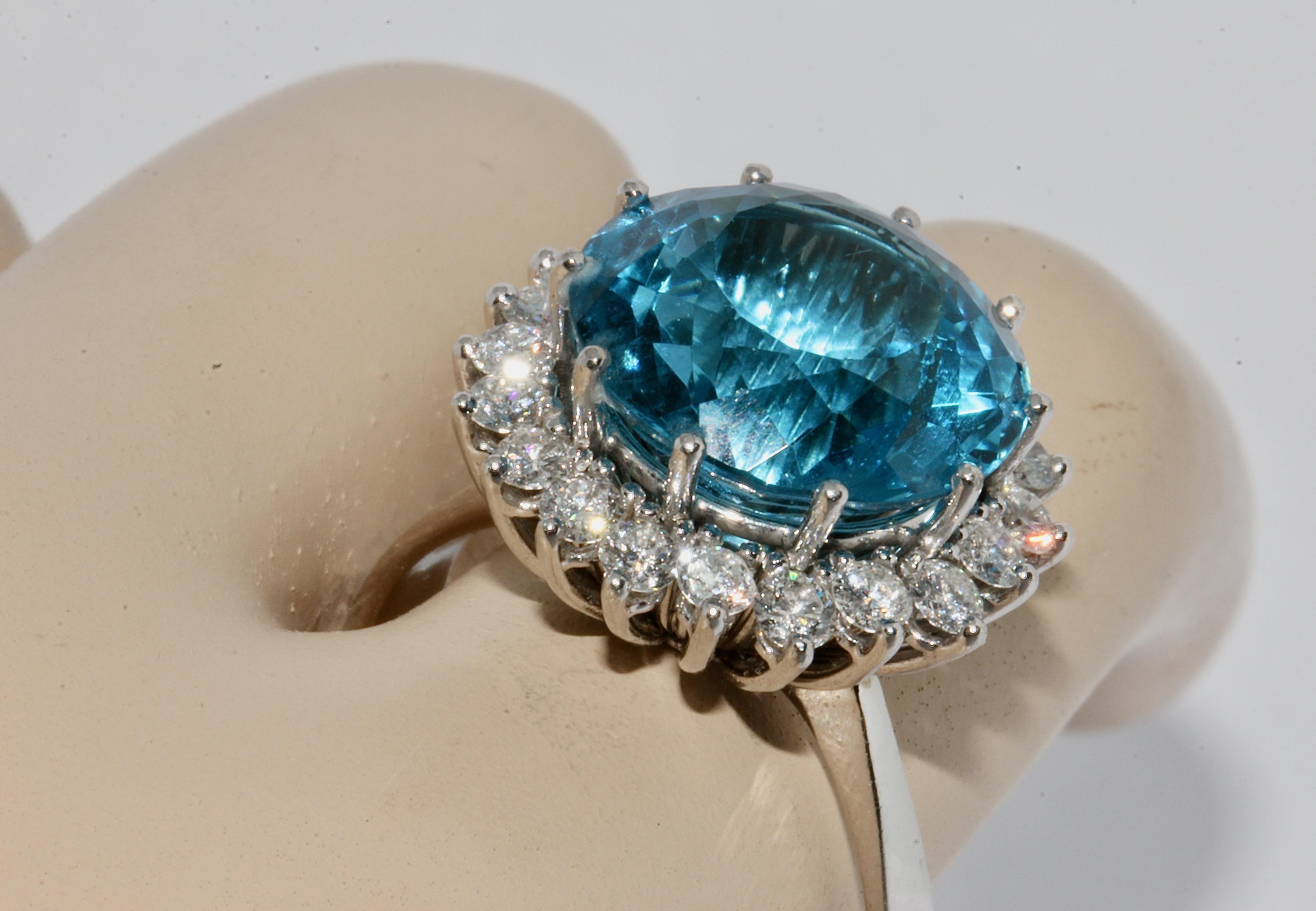 Women's White Gold Ladies Ring with Large, Faceted Blue Topaz and Diamonds For Sale