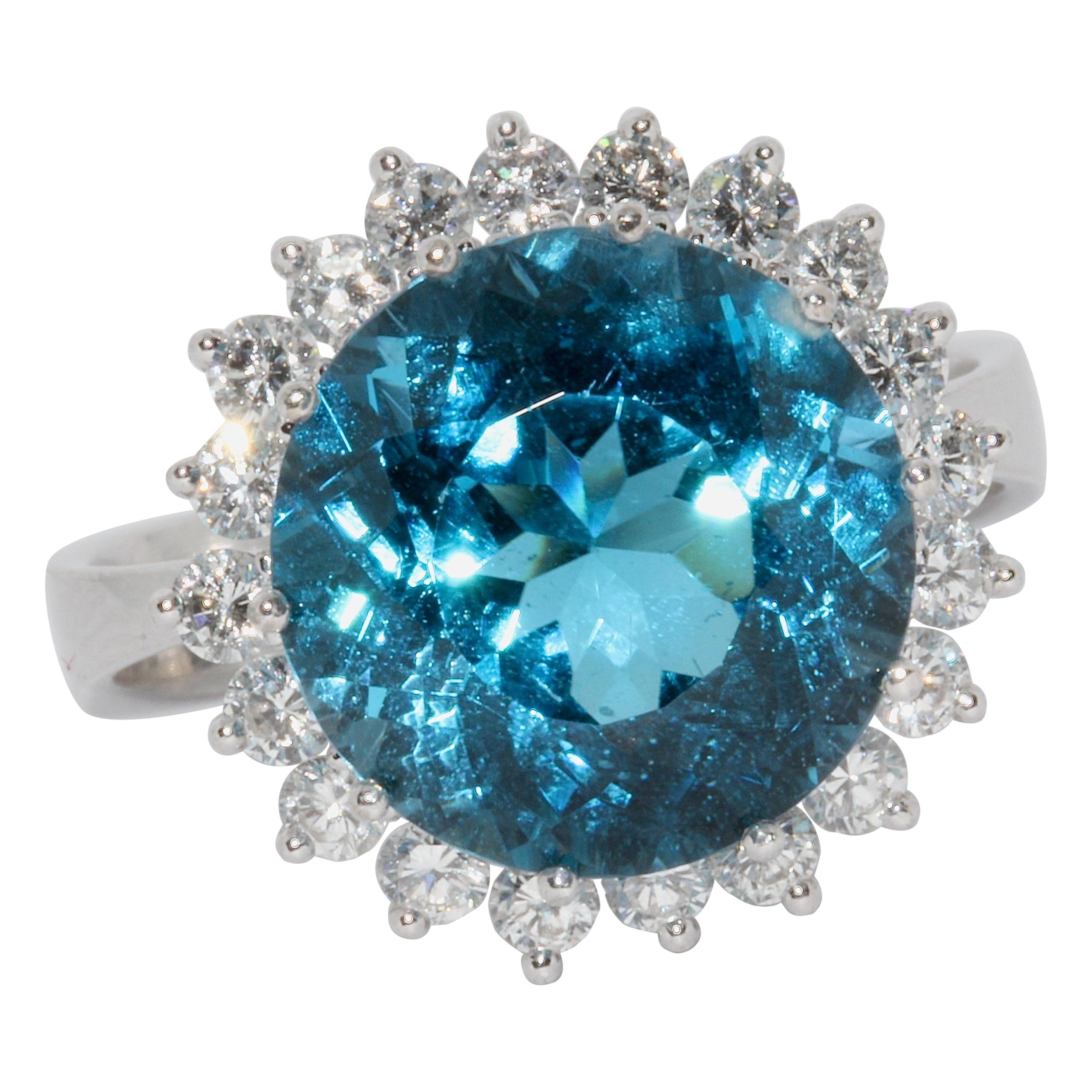 White Gold Ladies Ring with Large, Faceted Blue Topaz and Diamonds For Sale