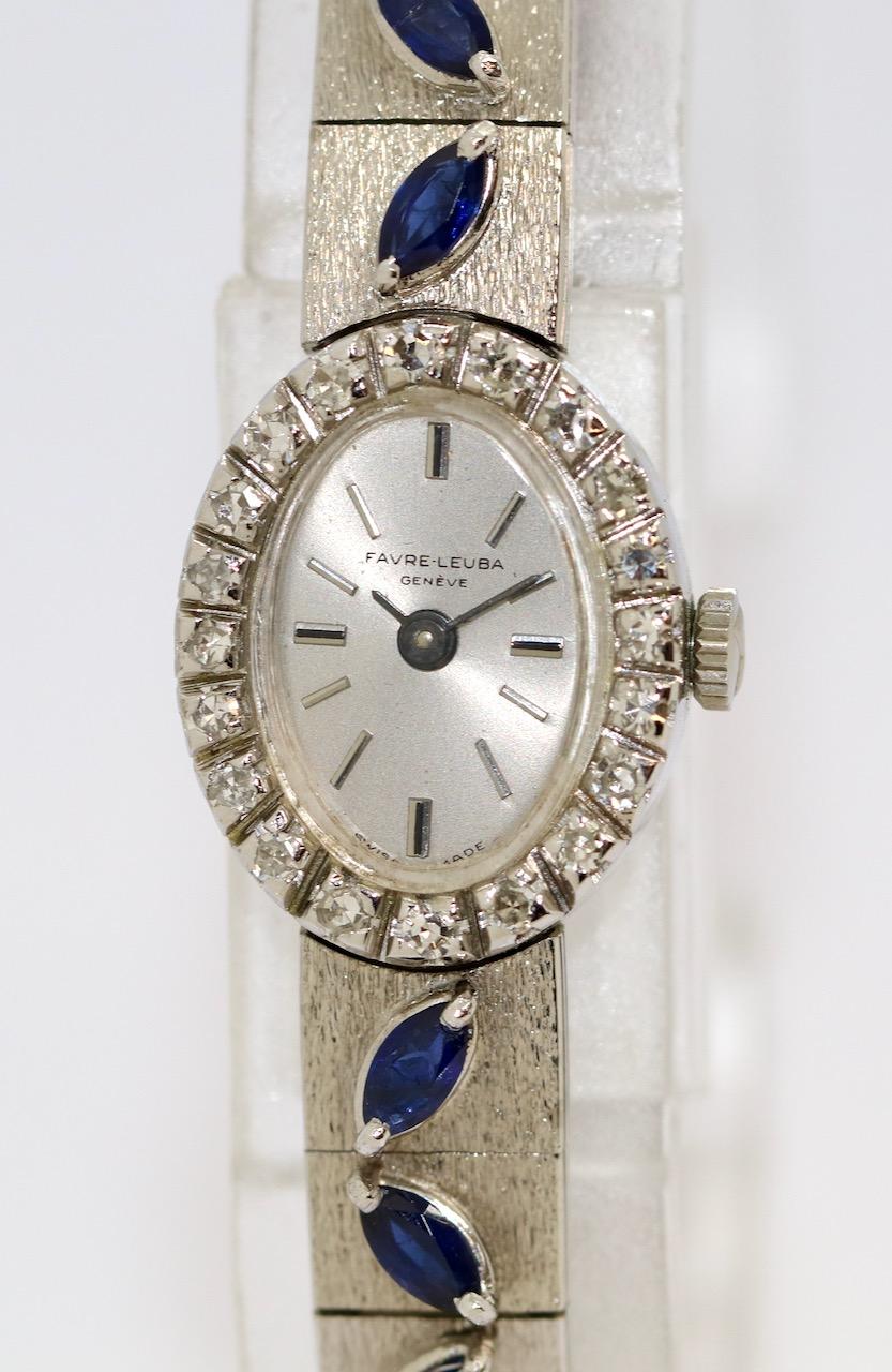 Charming women's jewelry wristwatch in 18 Karat white gold, with diamonds and sapphires. By Favre Leuba.

Includes certificate of authenticity.

Favre-Leuba is a Swiss manufacturer of luxury wristwatches headquartered in Zug, Switzerland, and