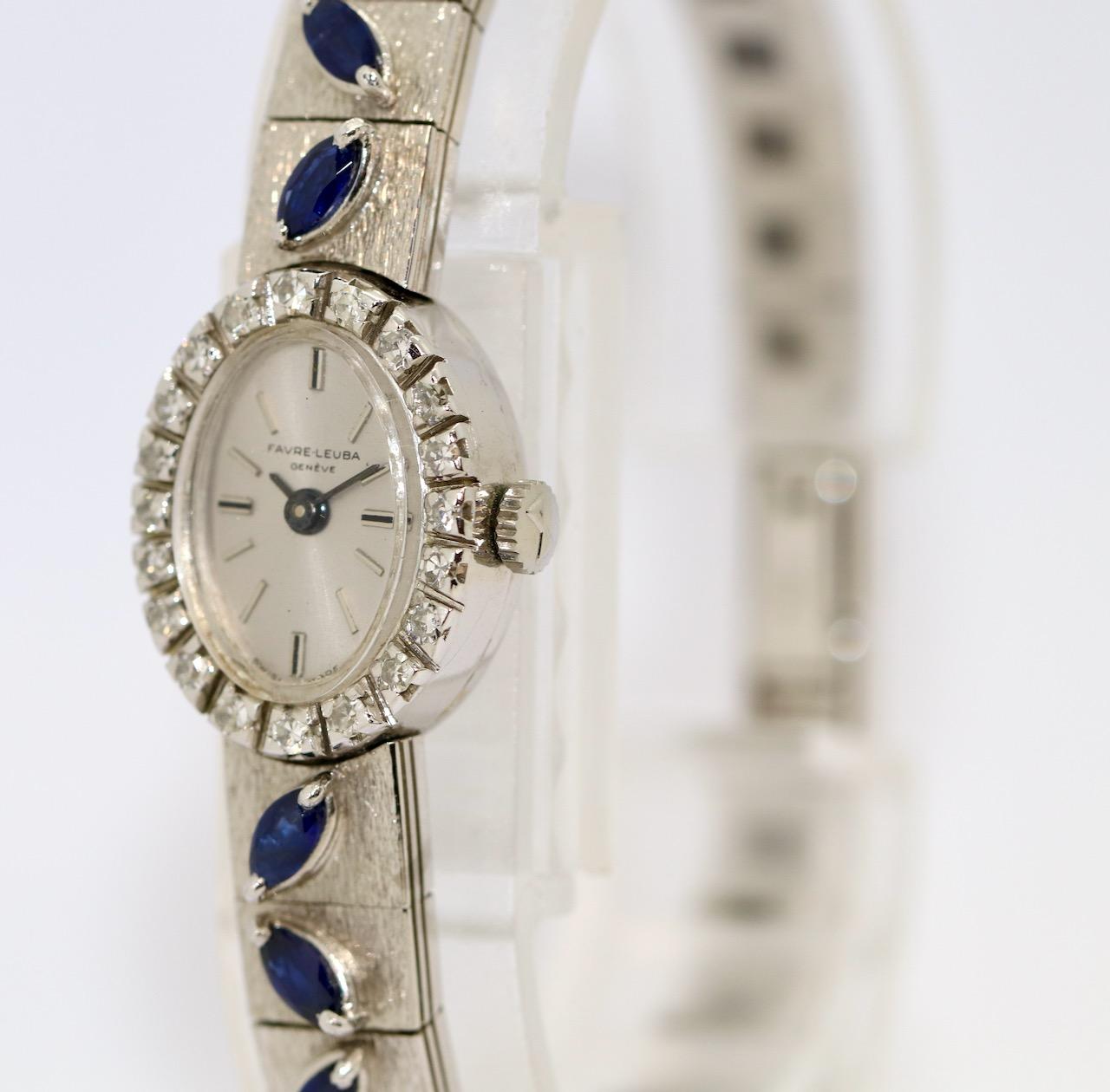 Round Cut White Gold Ladies Wrist Watch by Favre-Leuba, with Diamonds and Blue Sapphires For Sale