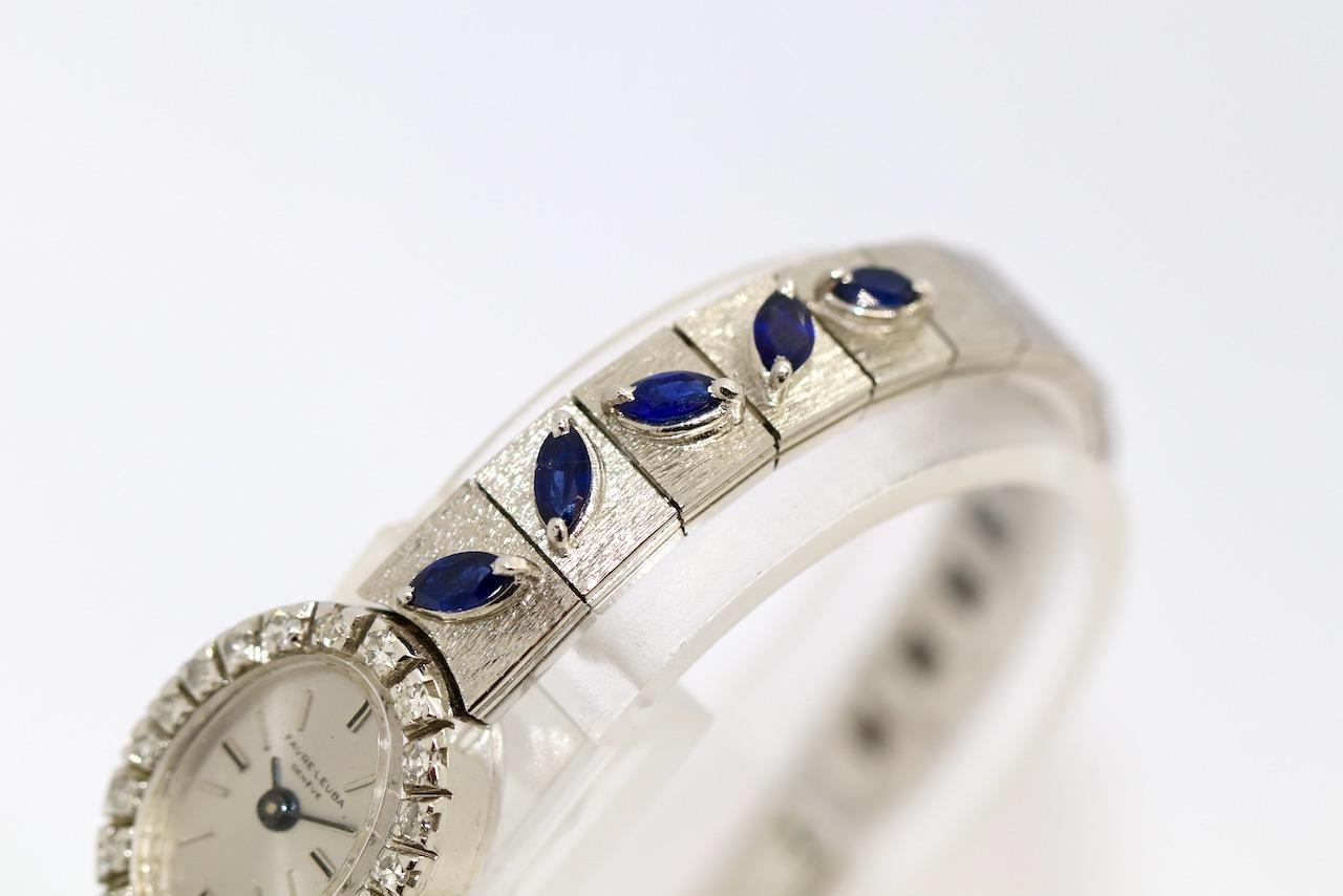 Women's White Gold Ladies Wrist Watch by Favre-Leuba, with Diamonds and Blue Sapphires For Sale