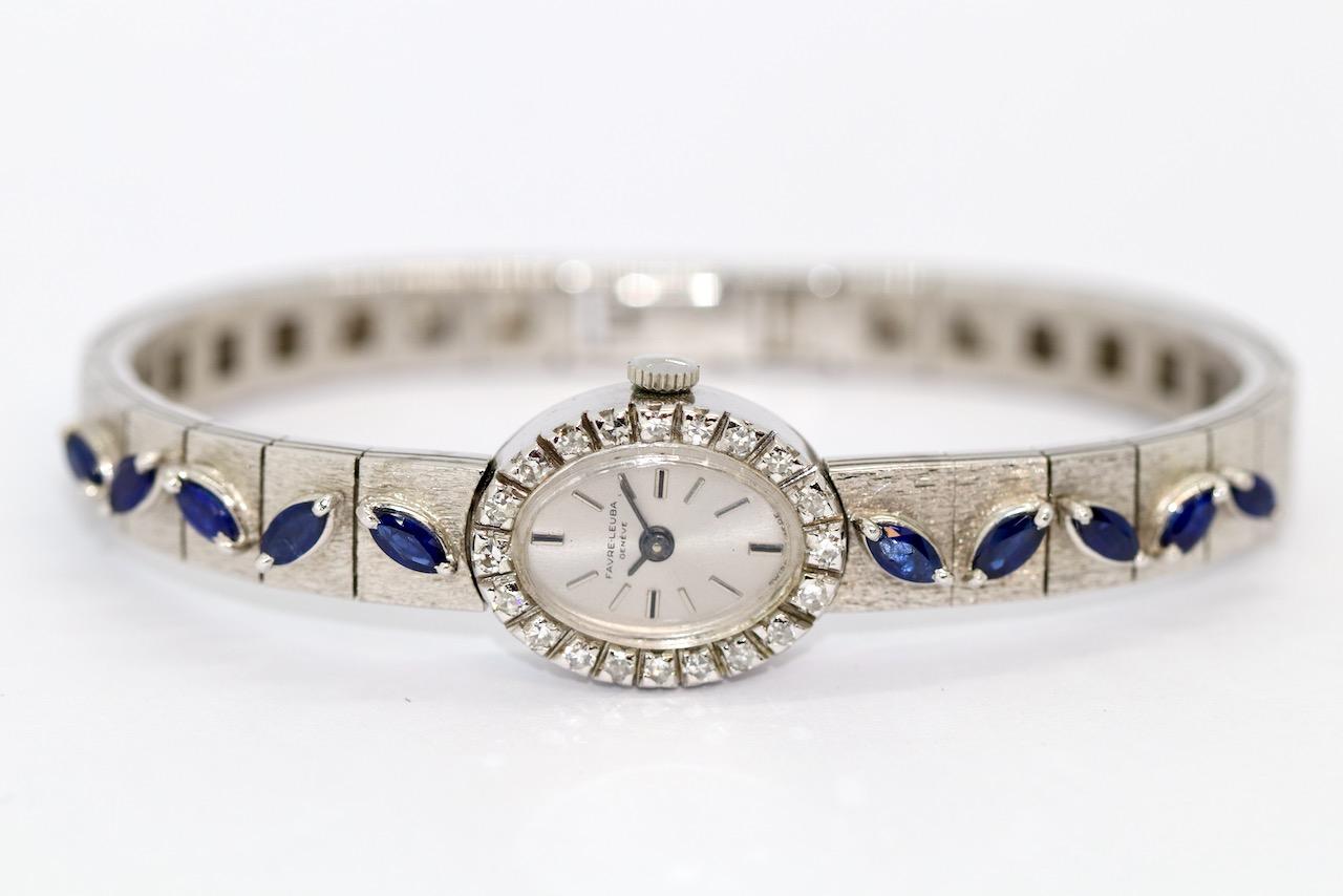 White Gold Ladies Wrist Watch by Favre-Leuba, with Diamonds and Blue Sapphires For Sale 2