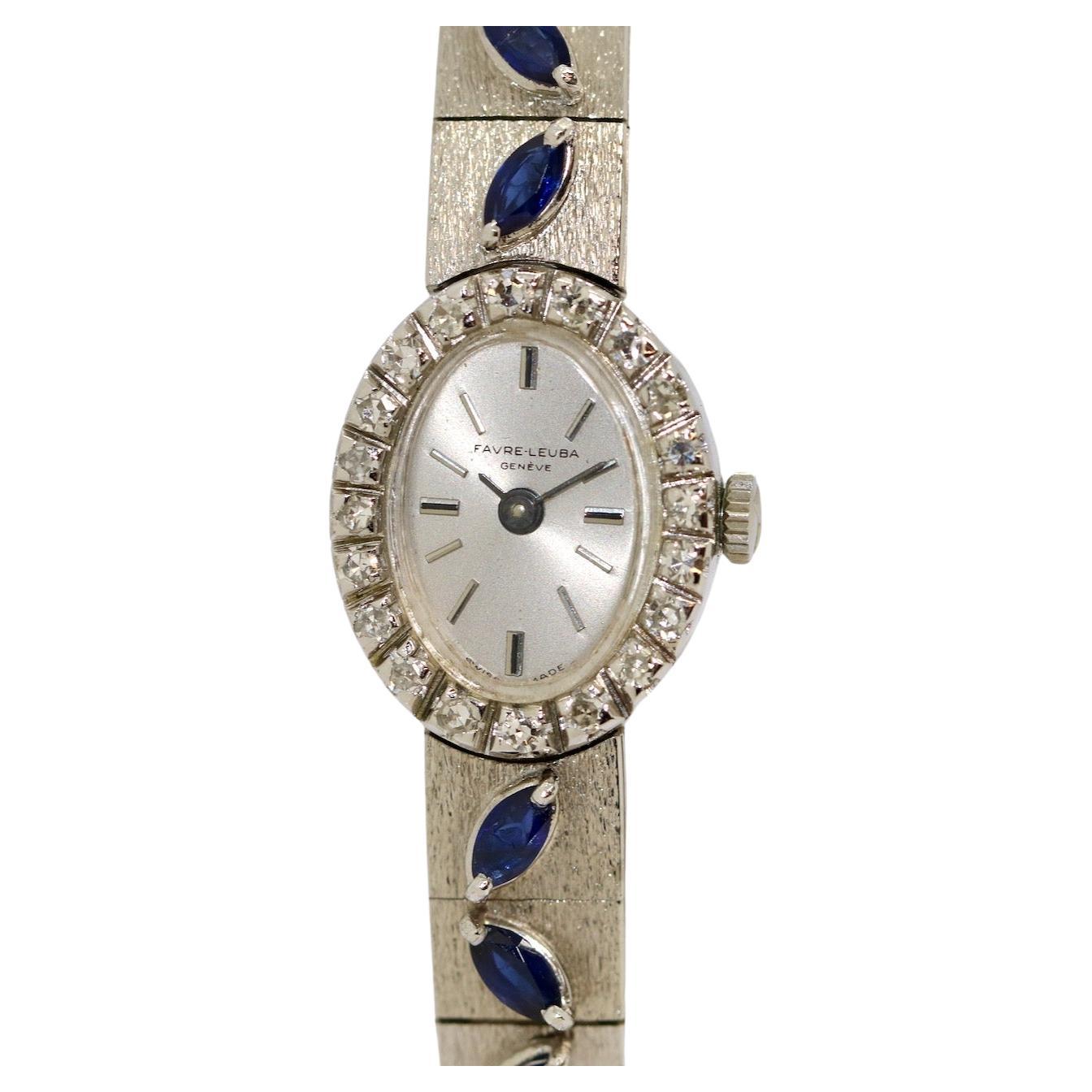Damenarmbanduhr aus Weißgold von Favre-Leuba, mit Diamanten und blauen Saphiren im Angebot