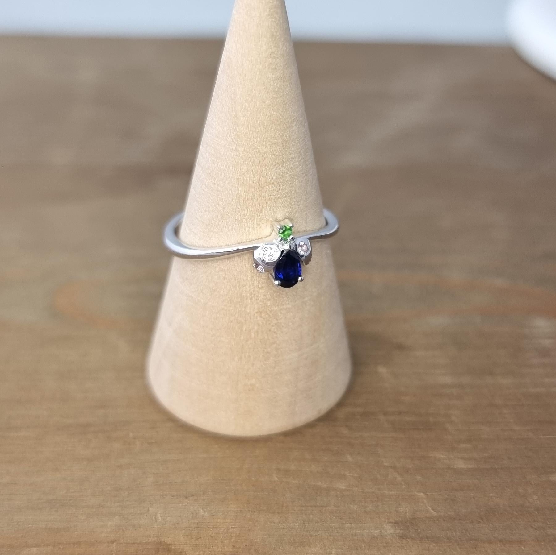 White Gold Lady Bug Ring with Sapphires and Tsavorite For Sale 2