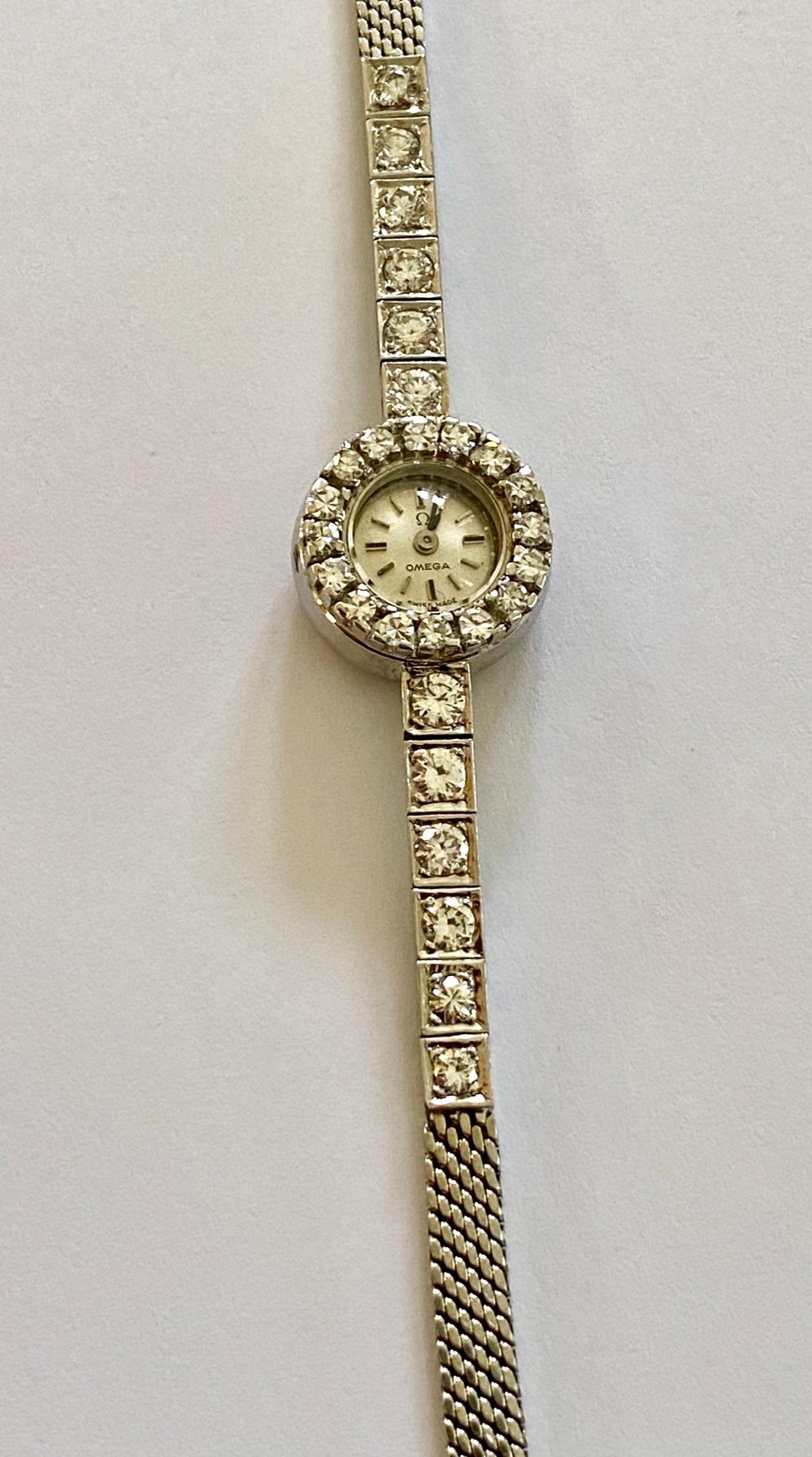 Brilliant Cut White Gold Lady's Watch, Omega 1964 Set with Diamonds
