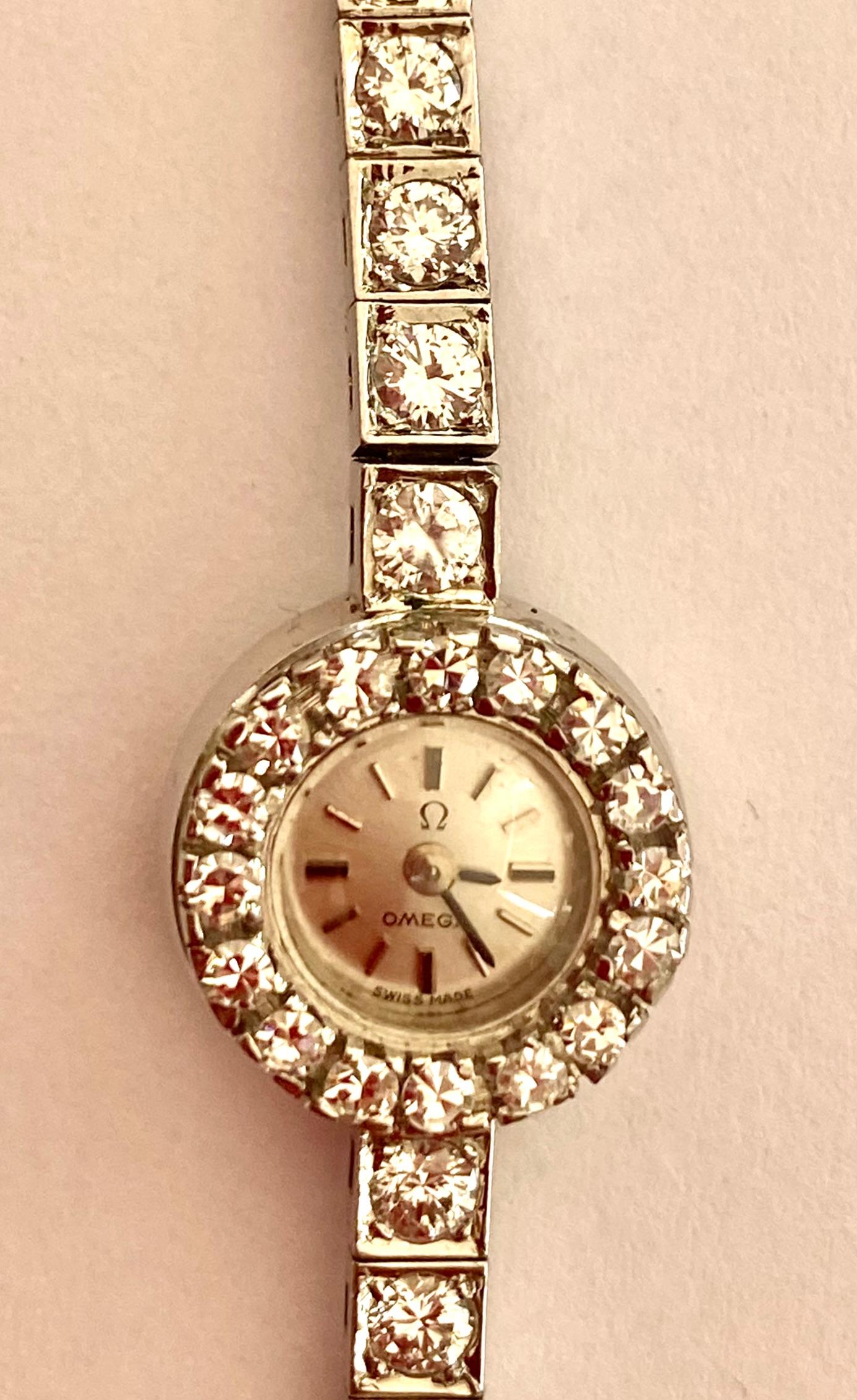 Women's White Gold Lady's Watch, Omega 1964 Set with Diamonds