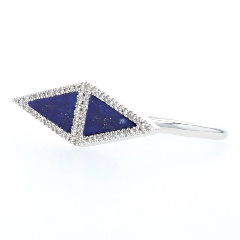 Size: 6 1/2
Sizing Fee: Up 2 sizes or Down 1 size for $25

Metal Content: 14k White Gold 

Stone Information: 
Genuine Lapis Lazuli
Color: Blue   

Natural Diamonds 
Total Carats: .14ctw
Cut: Single
Color: G - H   
Clarity: VS1 - VS2 

Style: