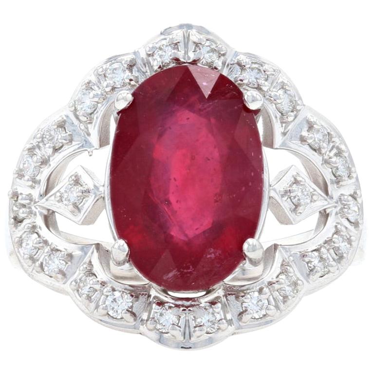 White Gold Lead Glass Filled Ruby and Diamond Ring, 14k Oval Brilliant .24 Carat