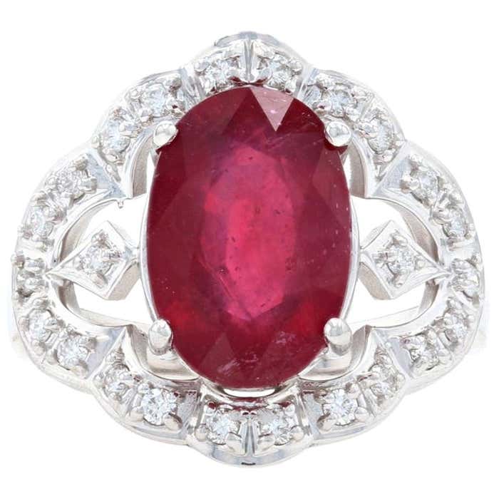 Led Filled Ruby White Gold Lead Glass Filled Ruby and Diamond Ring, 14k Oval Brilliant ...