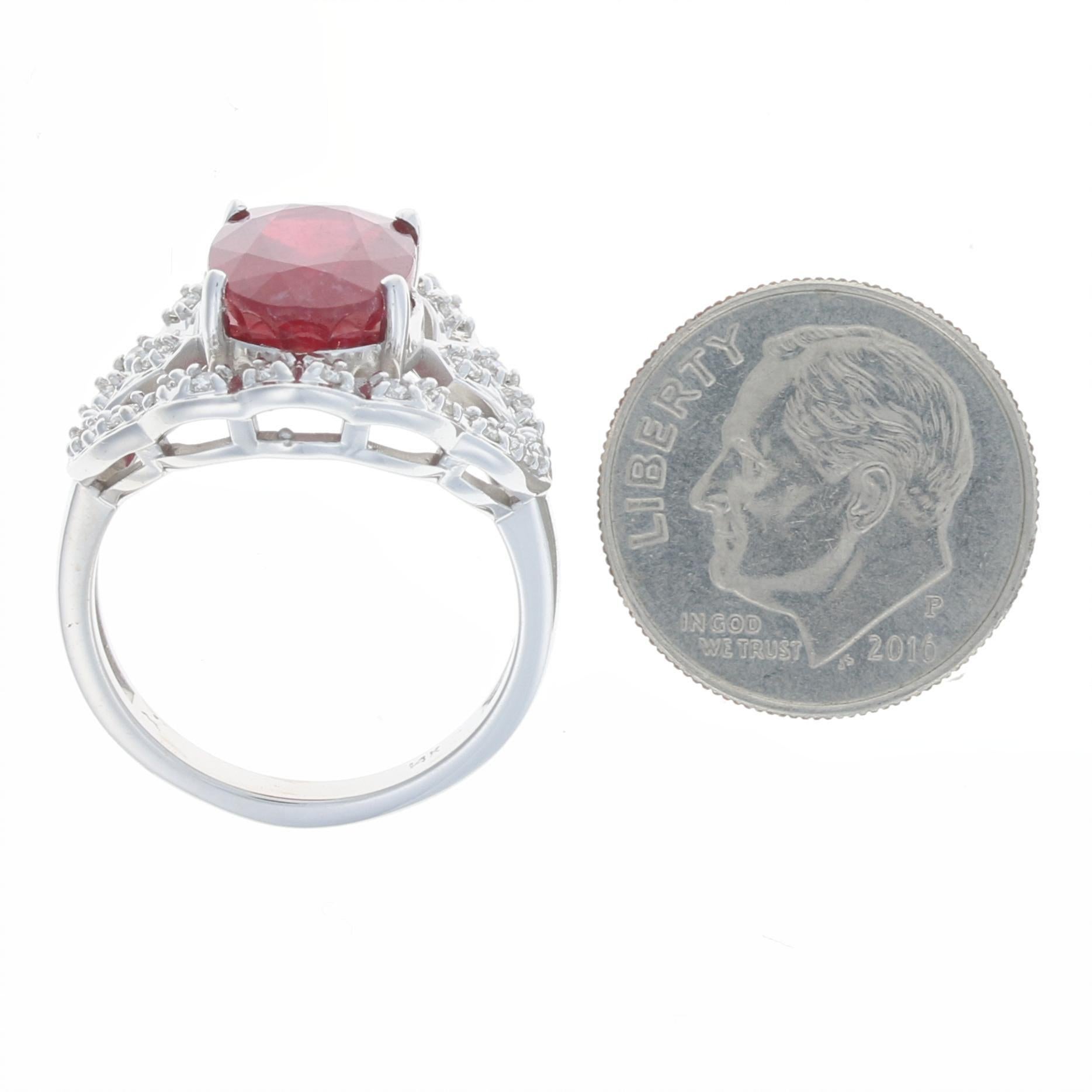 Oval Cut White Gold Lead Glass Filled Ruby and Diamond Ring, 14k Oval Brilliant .24 Carat