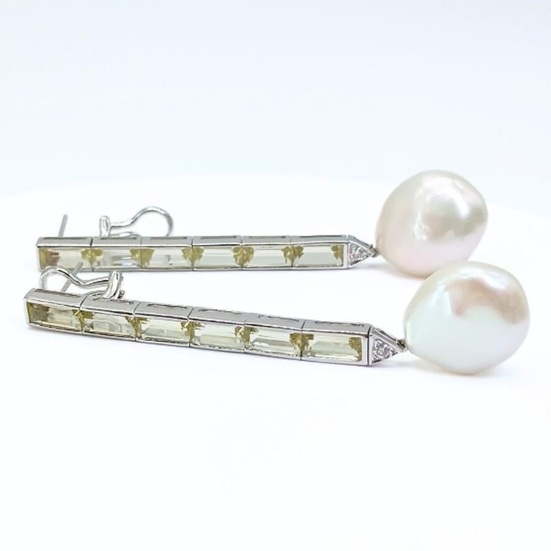 White Gold, Lemon Quartz, Diamonds and Coin Pearls Earrings In New Condition For Sale In BILBAO, ES