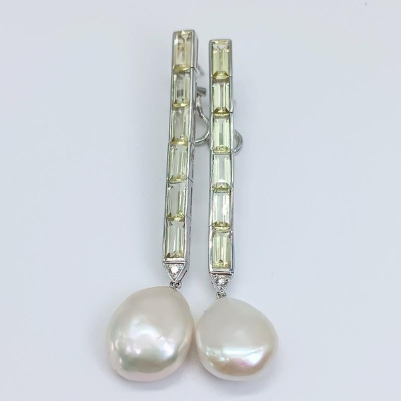 Women's or Men's White Gold, Lemon Quartz, Diamonds and Coin Pearls Earrings For Sale
