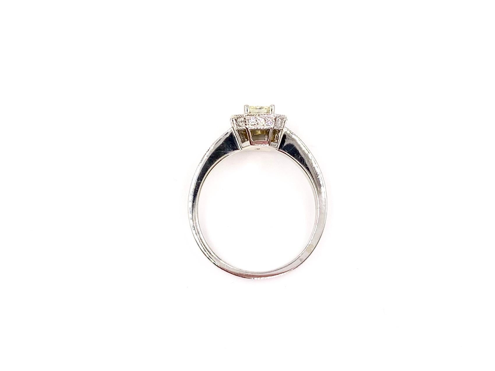 Radiant Cut White Gold Light Yellow Radiant Diamond Halo Ring For Sale