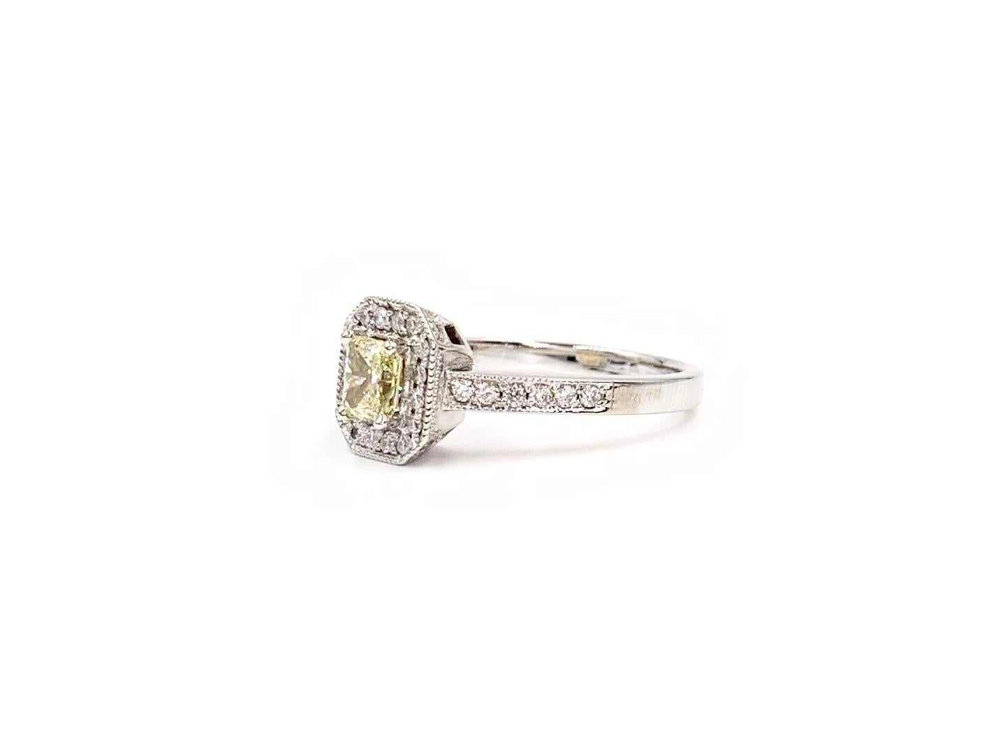 Women's White Gold Light Yellow Radiant Diamond Halo Ring For Sale