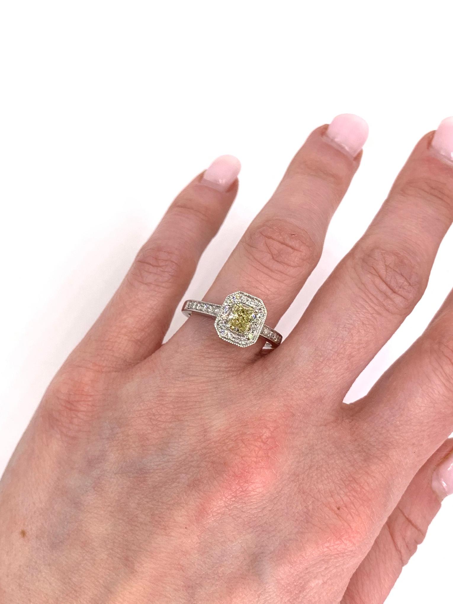 White Gold Light Yellow Radiant Diamond Halo Ring For Sale 1