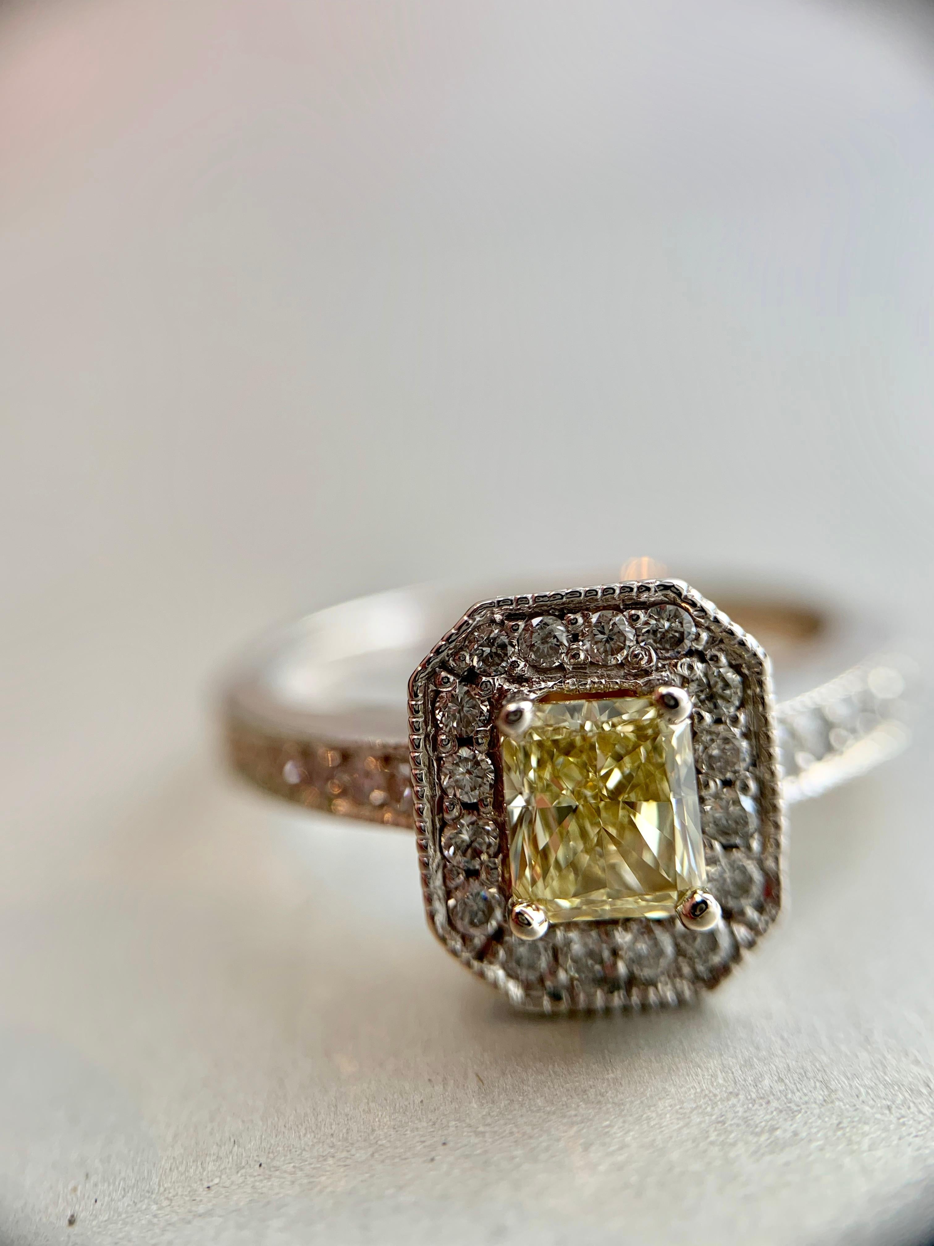 White Gold Light Yellow Radiant Diamond Halo Ring For Sale 3