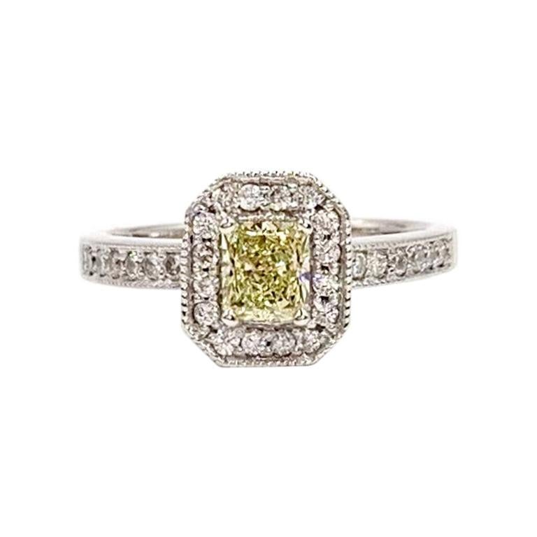 White Gold Light Yellow Radiant Diamond Halo Ring For Sale
