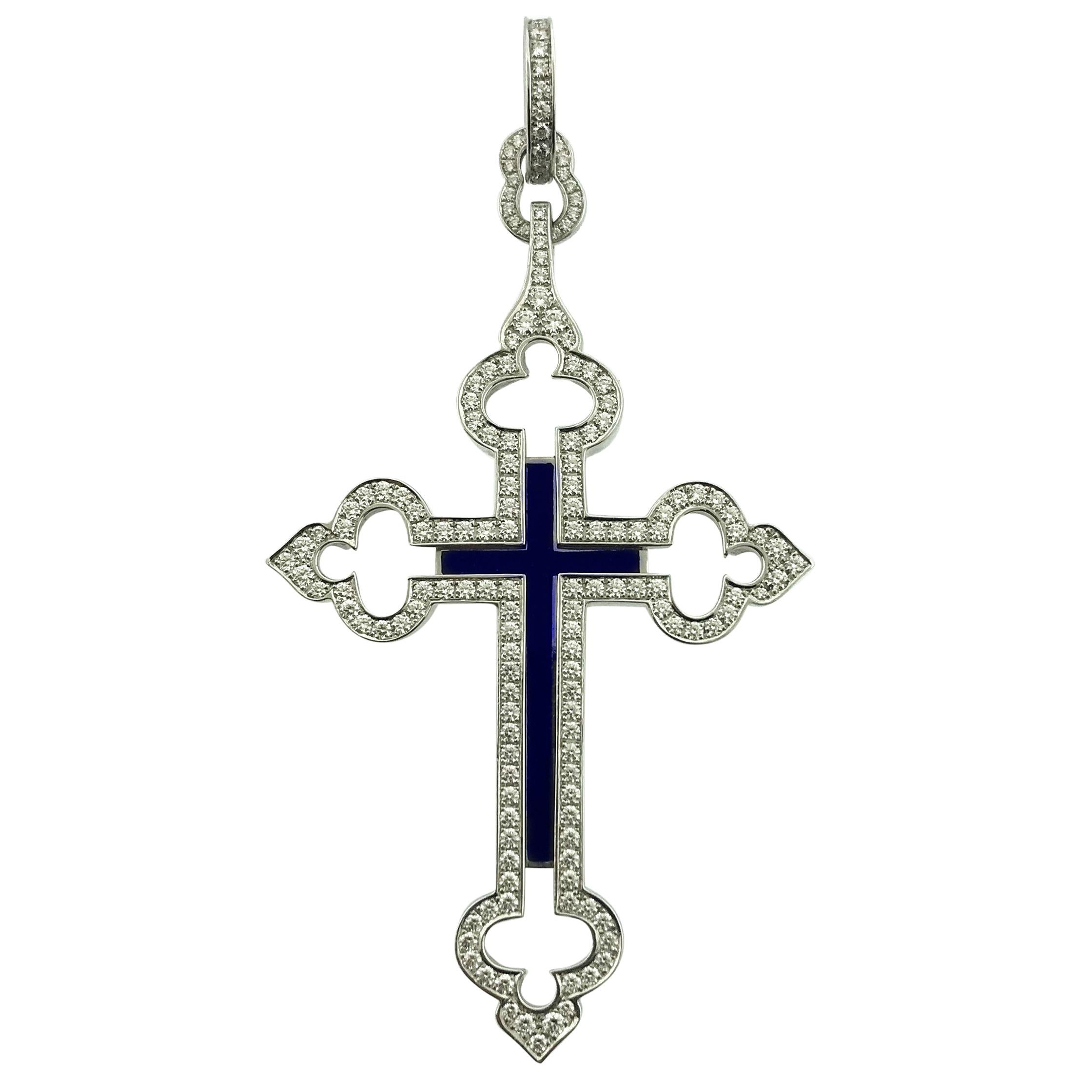 White Gold Limited Edition Fabergé Blue Enameled Diamond Cross Pendant For Sale
