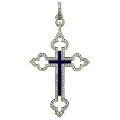 White Gold Limited Edition Fabergé Blue Enameled Diamond Cross Pendant