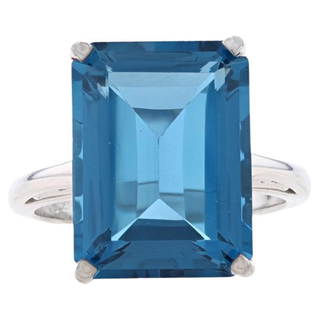 White Gold London Blue Topaz Cocktail Solitaire Ring - 14k Emerald Cut 12.20ct For Sale