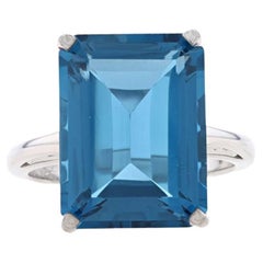 White Gold London Blue Topaz Cocktail Solitaire Ring - 14k Emerald Cut 12.20ct