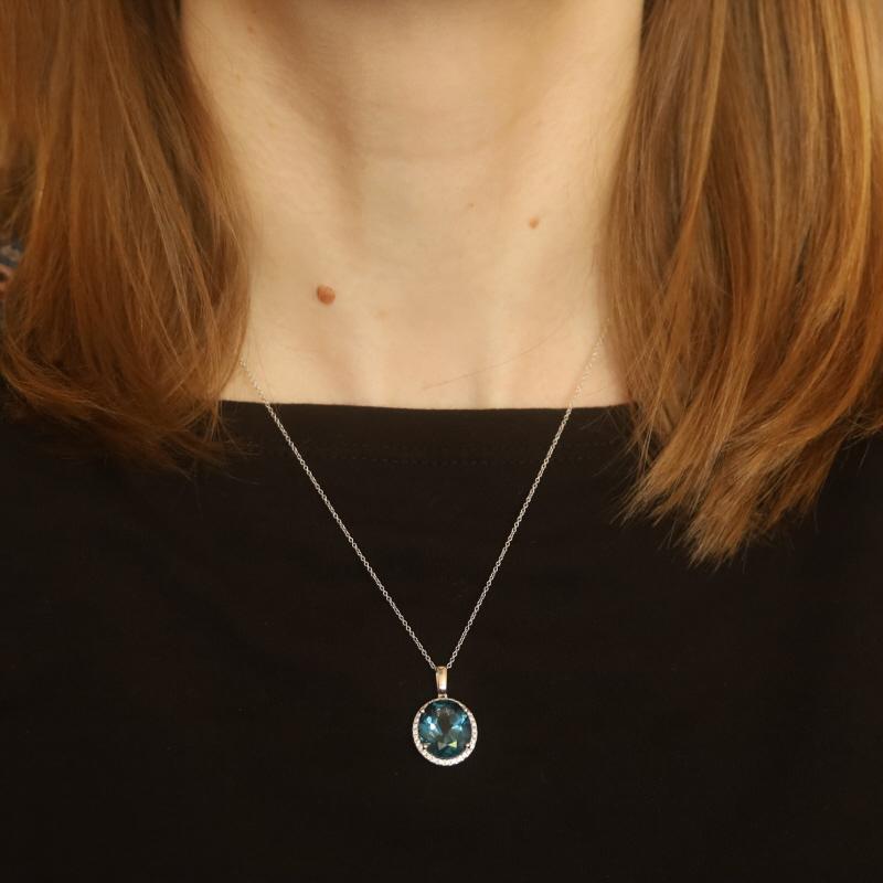 Oval Cut White Gold London Blue Topaz Diamond Halo Pendant Necklace 18