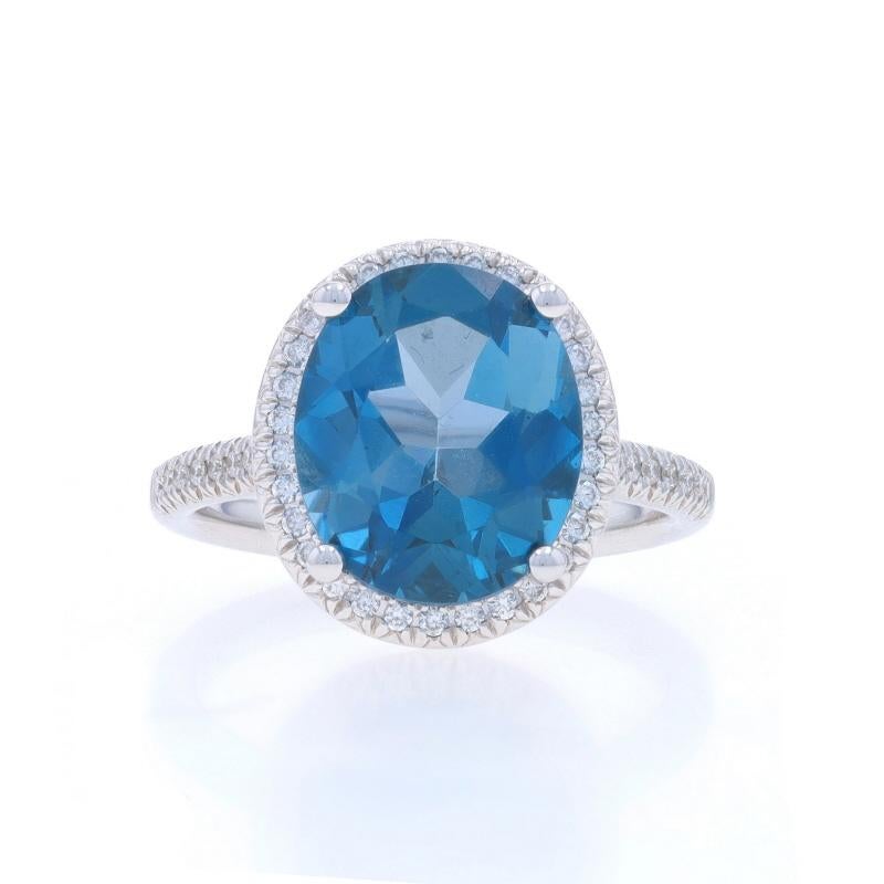 Size: 6 1/2
Sizing Fee: Up 2 sizes for $35 or Down 1 size for $35

Metal Content: 14k White Gold

Stone Information

Natural Topaz
Treatment: Routinely Enhanced
Carat(s): 5.50ct
Cut: Oval
Color: London Blue

Natural Diamonds
Carat(s): .20ctw
Cut: