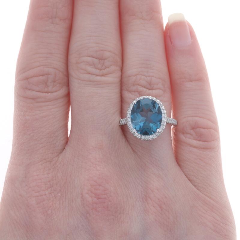 Oval Cut White Gold London Blue Topaz & Diamond Halo Ring - 14k Oval 5.70ctw For Sale
