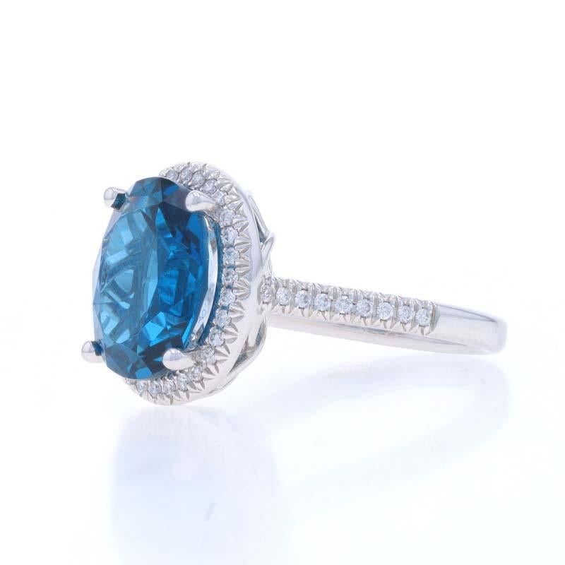 White Gold London Blue Topaz & Diamond Halo Ring - 14k Oval 5.70ctw In New Condition For Sale In Greensboro, NC