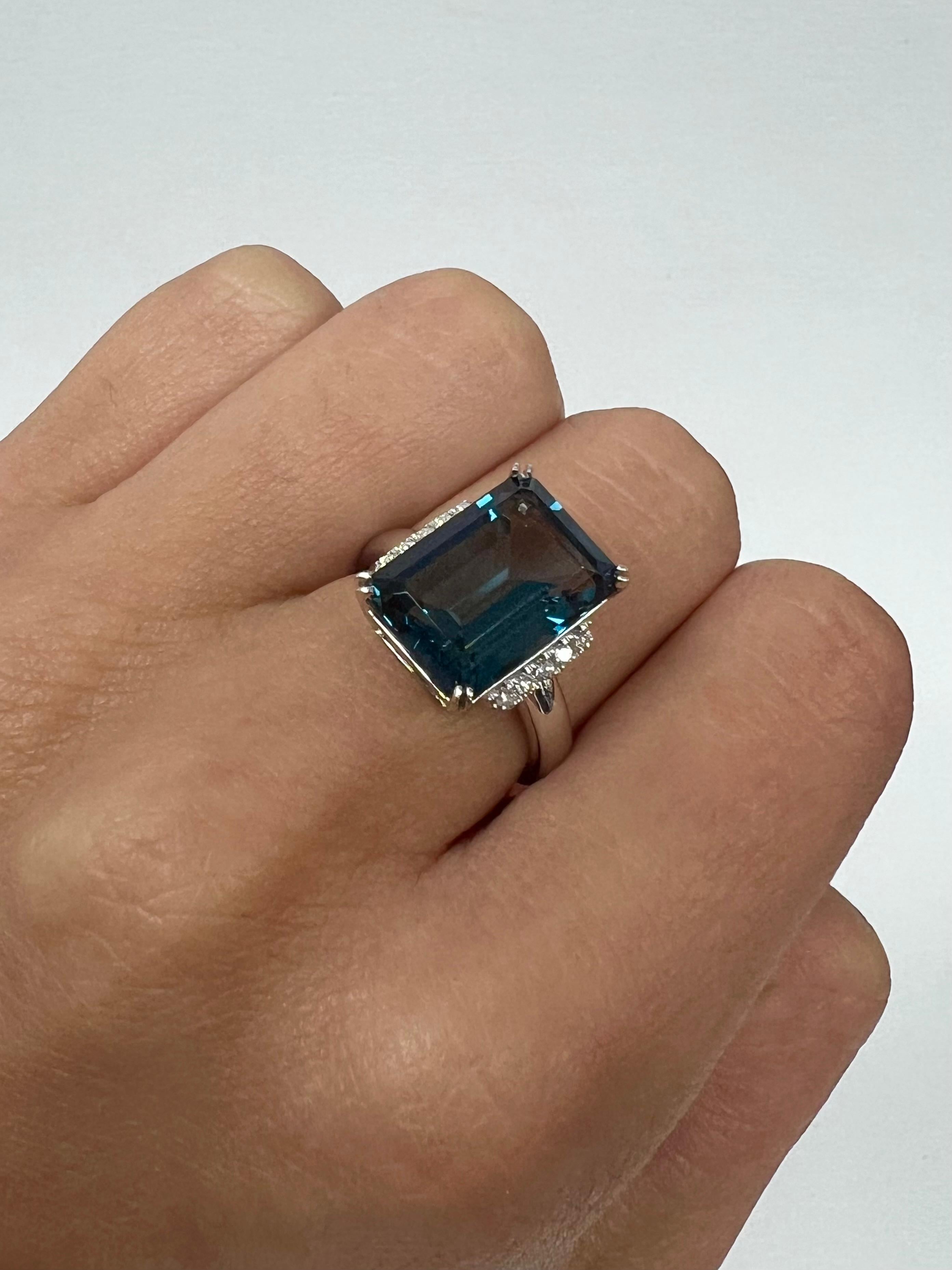 Modern White Gold London Blue Topaz Emerald Cut Diamond Ring For Sale