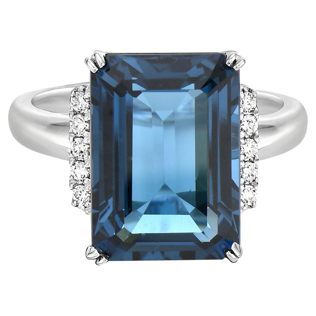 White Gold London Blue Topaz Emerald Cut Diamond Ring For Sale