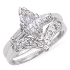 White Gold Marquise Cut Diamond Engagement Ring With Matching V Shape Band