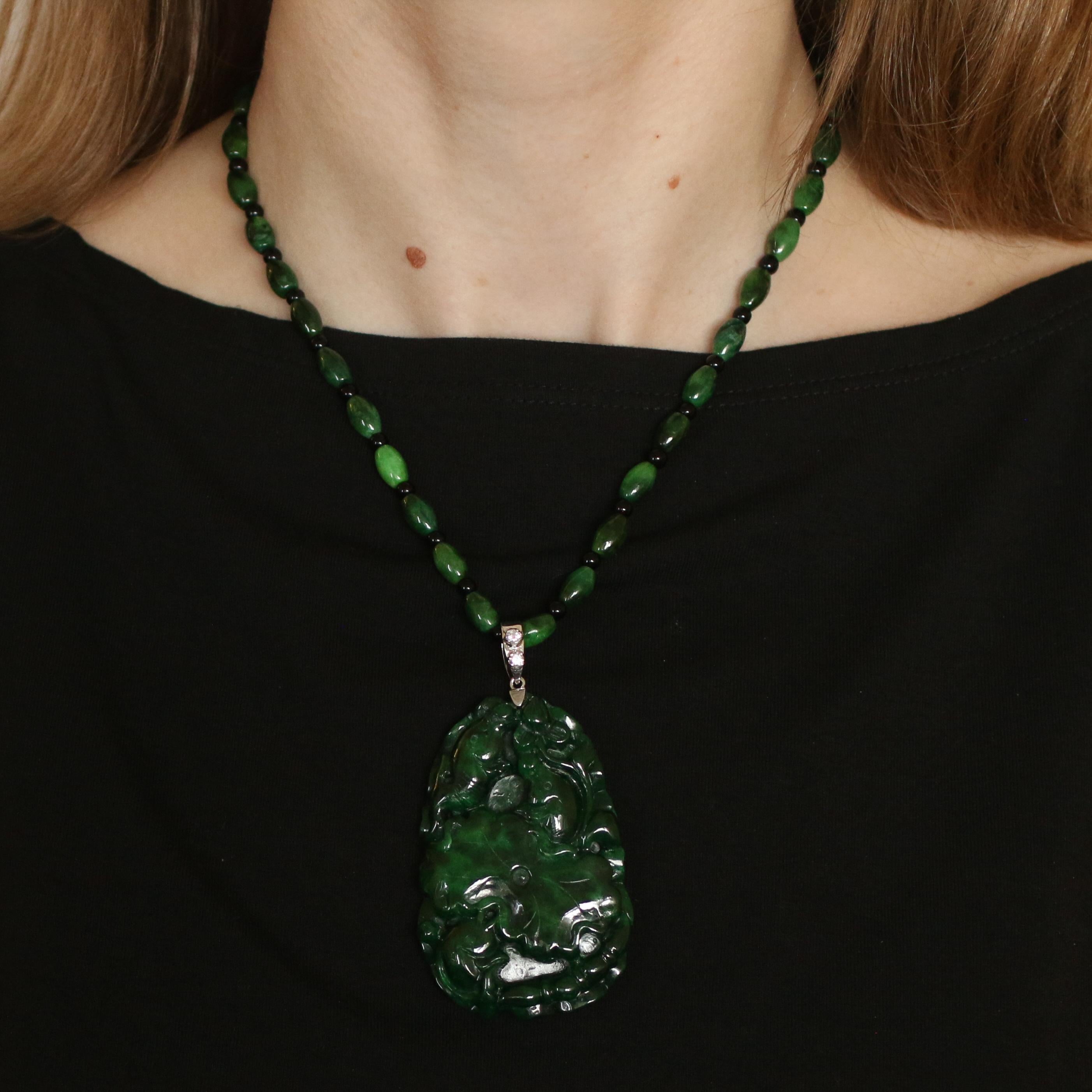 Oval Cut White Gold Maw Sit Sit, Onyx, and Diamond Fish Necklace 18k .20 Carat Stainless